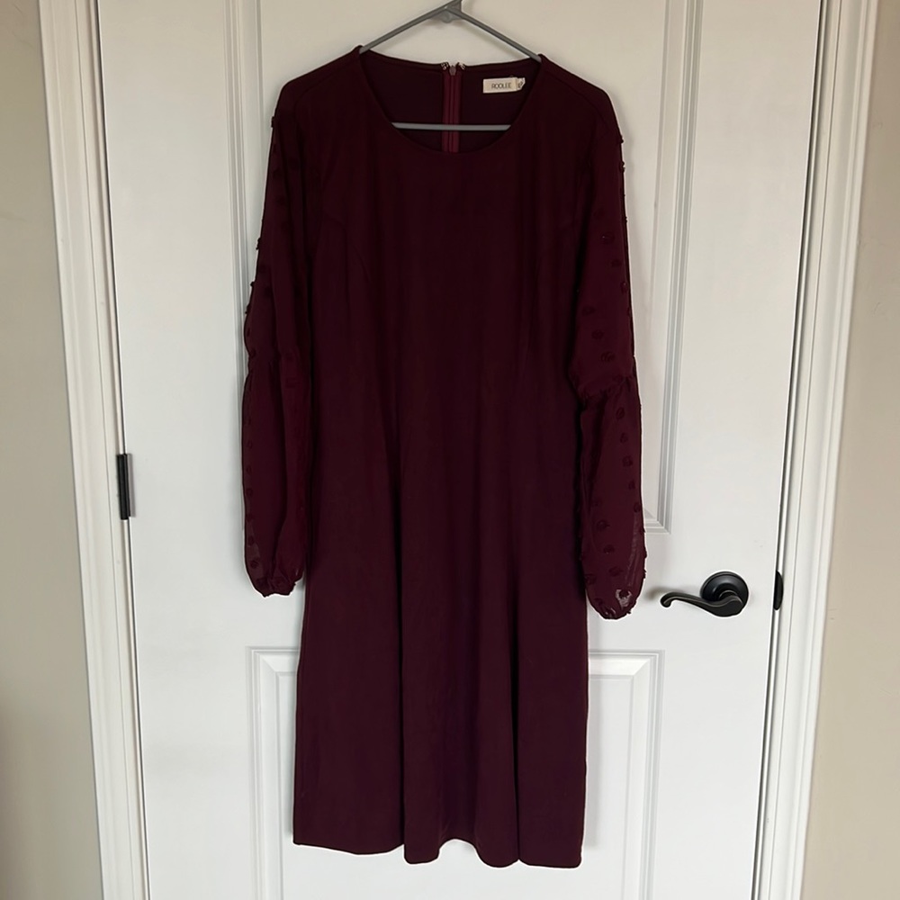 Roolee Maroon Swiss Dot Sleeves Shift Sweater Dress.